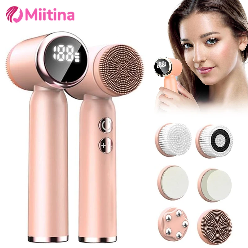 

6 in 1 Electric Facial Clean Brush Display Exfoliating Pore Cleaning Sonic Vibrating Face Massage Relax Cleane 6 Head Face Care