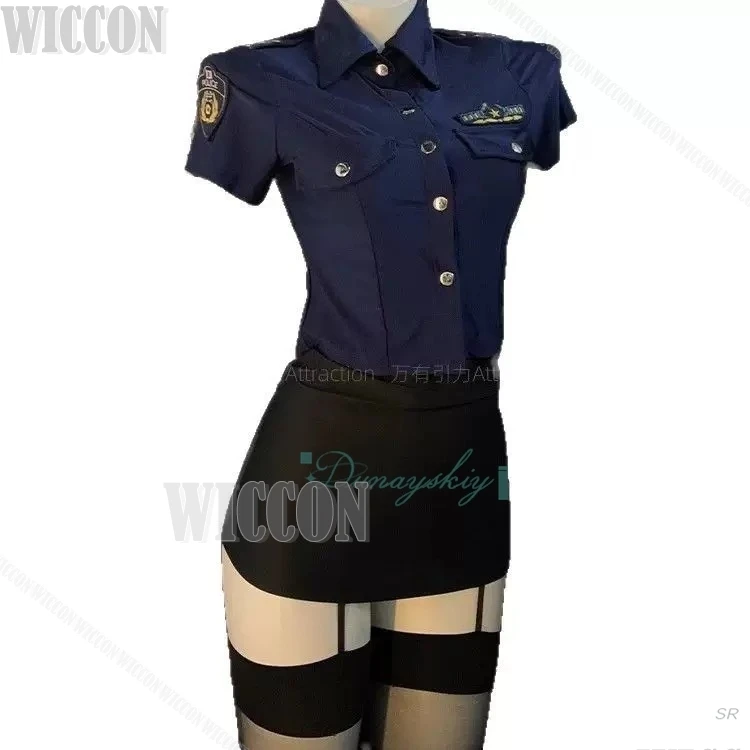 مضيفة طيران المرأة موحدة ضابط الشرطة طوق تنورة الحرير الأسود Strappy الجوارب قميص هالوين حفلة هدية عيد الحب