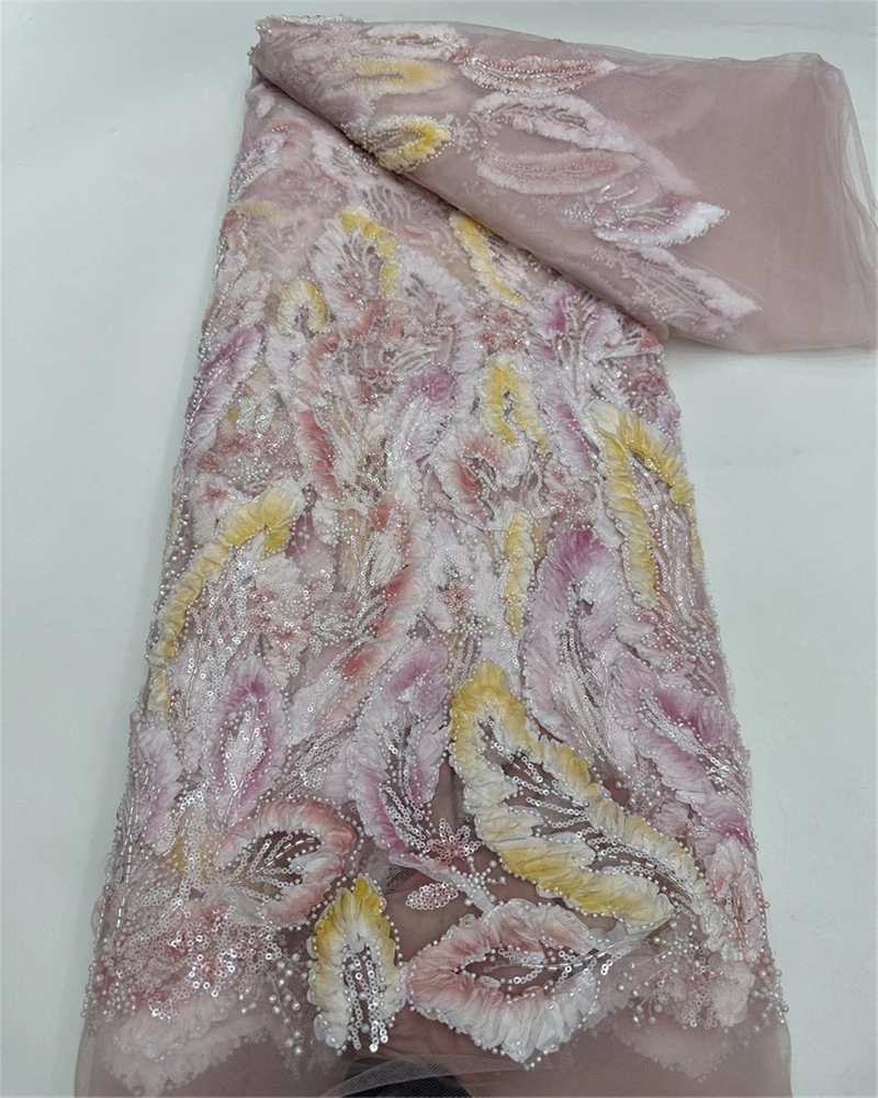 

New African Heavy Beaded Lace Fabric 2025 High Quality French Nigerian Sequins Embroidery Groom Tulle Lace Fabric Evening Gowns