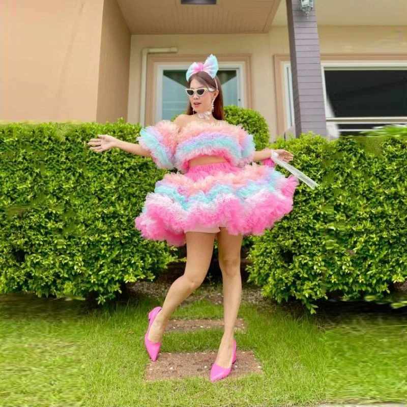 

Милое цветное 2-х шт. Тюлевые платья для женщин Многоуровневое короткое платье-пачка с оборками Женское мини-платье с открытыми плечами на заказ