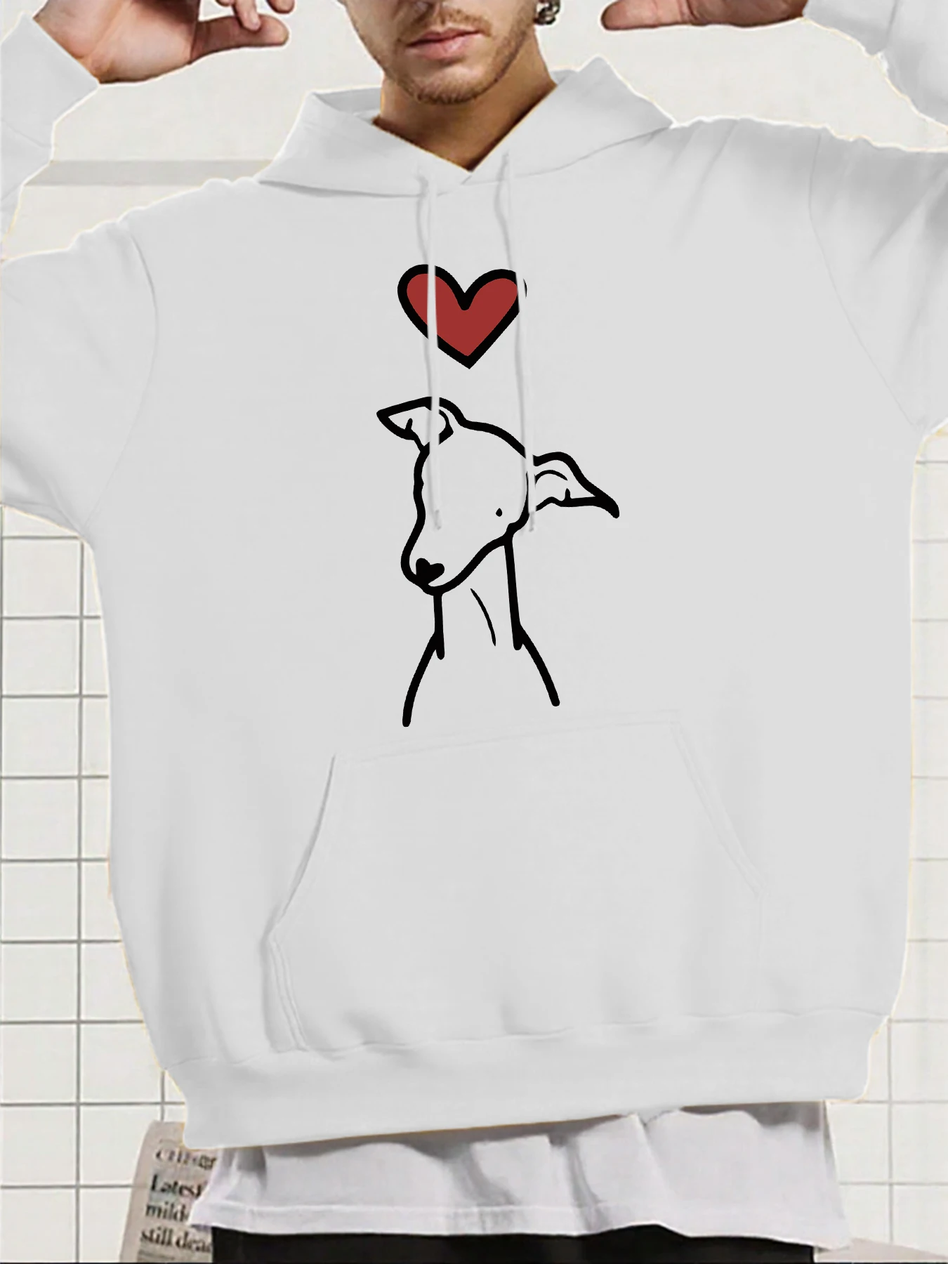 Niedlicher Hund mit Liebesherzen auf dem Kopf bedruckt männlich Streetwears O-Ausschnitt Herbst Hoodies lässig Hip Hop Hoodie lose trendige Hoody