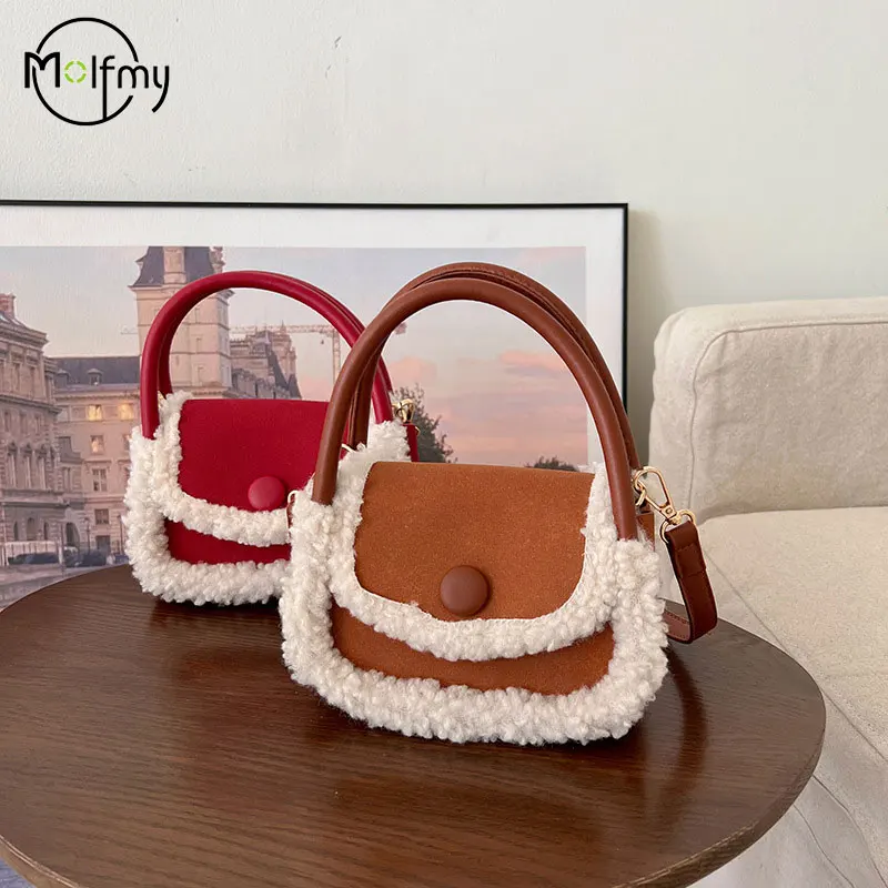 Faux Suede Portable Square Bag Small Bag Female Winter Lamb Wool Cross Body Handbag Splice Crossbody Bag Fashion Texture Handbag