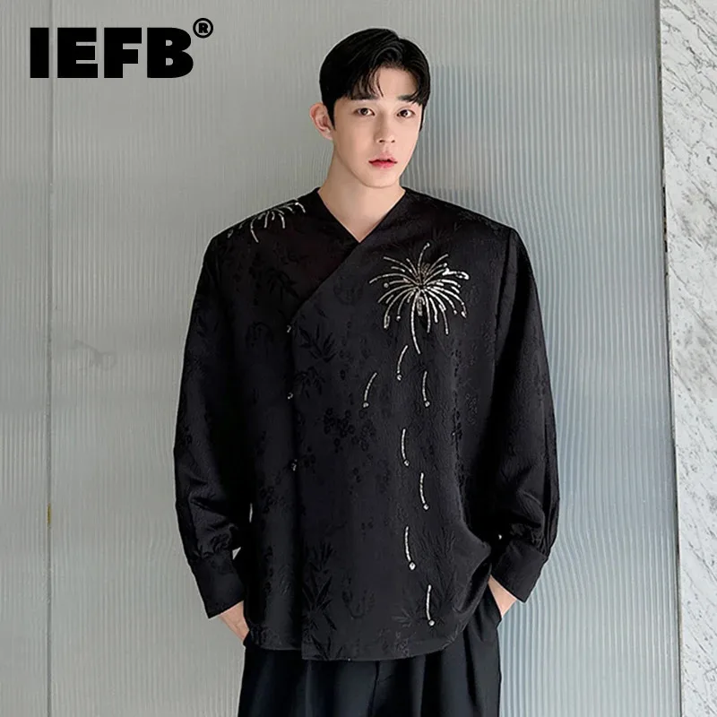 

IEFB New Bead Embroidery Jacquard Shirt Chinese Long Sleeve Male Shirts Floral Pattern V-neck Chic Button Design Women 9C7329