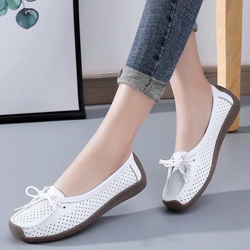 Women Shoes Moccasins Women Flats Loafers Genuine Leather Female Shoes Slip on Ballet Bowtie Women\'s Shoes kkm