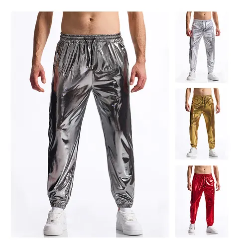 Imagen 2 del producto Pantalones para correr metálicos dorados y plateados brillantes, pantalones geniales para hombre, pantalones Steampunk, vestido de fiesta para discoteca, ropa informal estilo Hip Hop para hombre