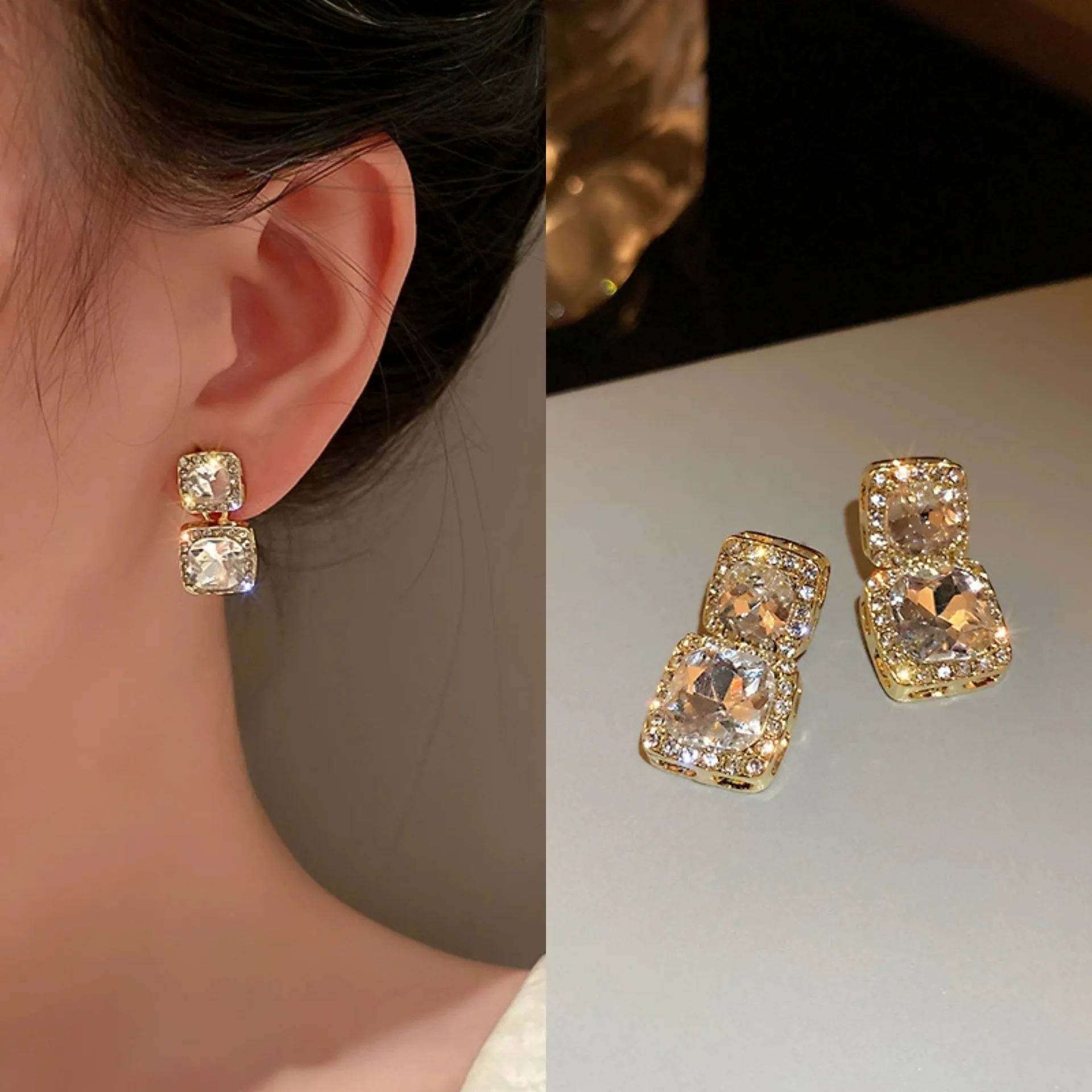 Geometric Stud Earrings for Women Square Oval Rhinestone Earrings Party Weddings Sparkle Gorgeous Jewelry