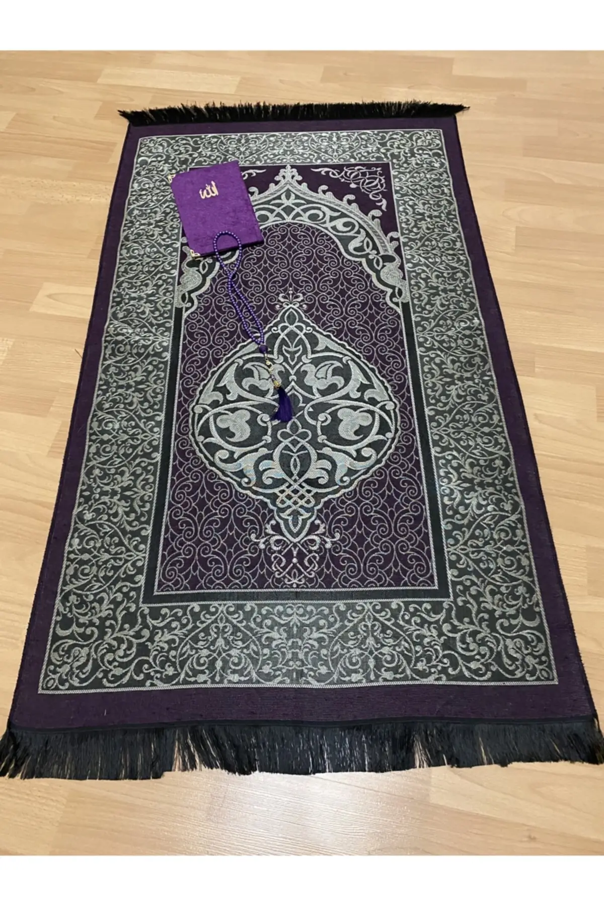 Dolboh black taffed purple prayer prayer Rug, Yasin, Yasin, rosary set Meditation Rug