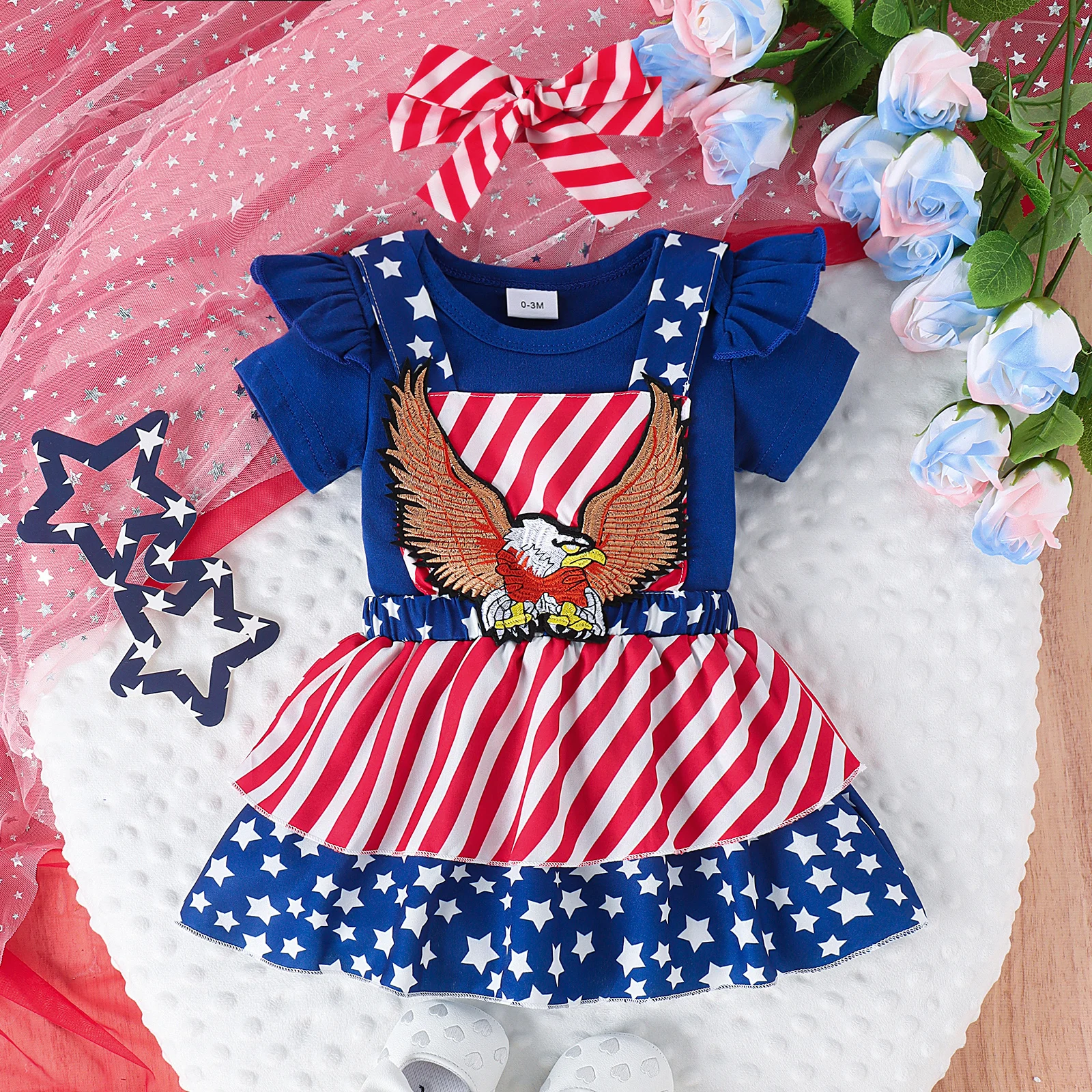 3 قطعة صيف جديد نمط فتاة طفل 0-1 سنة لطيف ومرح الدب رئيس و النسر دمية ختم + حزام تنورة #3