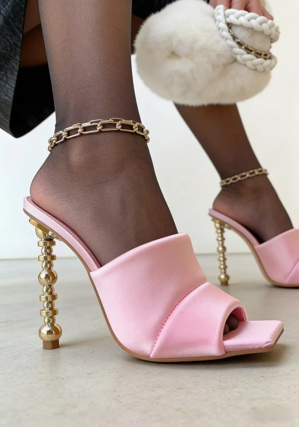 Elegant Pink Satin Square-Toe Mule High Heels Sculpted Gold Beaded Stiletto Heel Open-Toe Design Playful Feminine-Glam Style