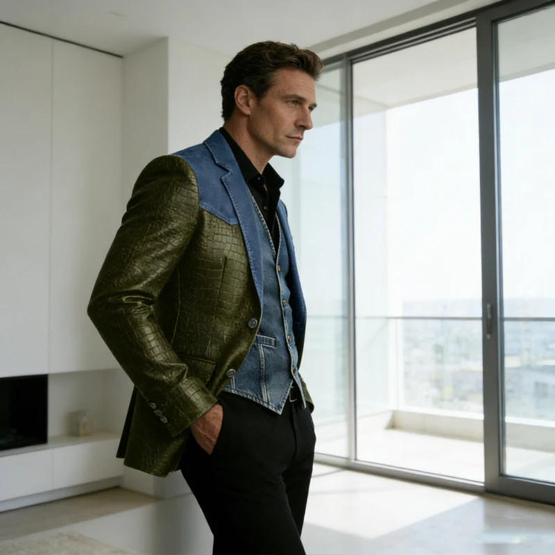 Men's Crocodile Embossed PU Leather Blazer Shoulder Denim Patchwork Notch Lapel Flap Pocket Jacket Business Casual Suit Coat image 3
