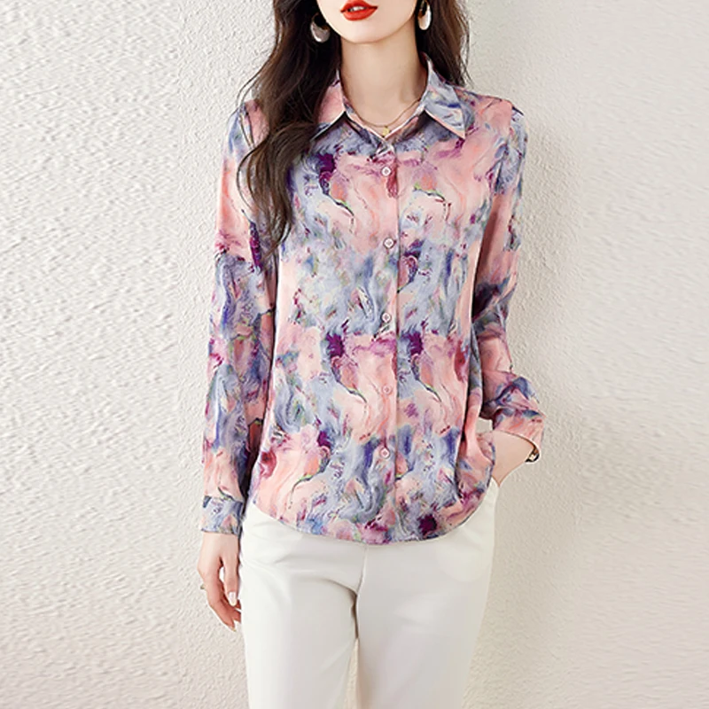 Camicie di seta stampate da donna 2025 Primavera Autunno Manica lunga Risvolto Button-up Camicette casual femminili Top da donna da ufficio Camisas