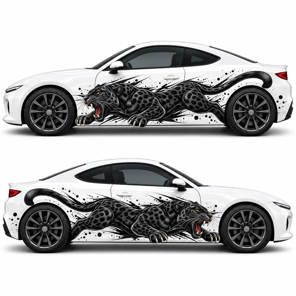 2 PCS Black Panther Car Side Decals, Roaring Panther and Ink Splash Die-Cut Vinyl Sticker Set