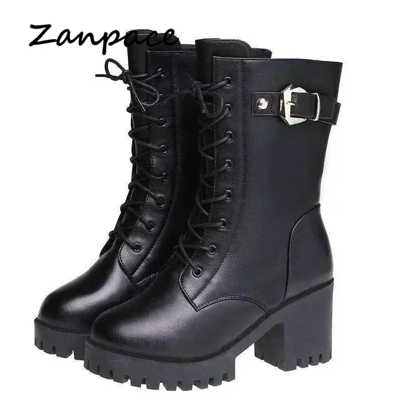 2024 Winter Leather Women Winter Boots Thick Wool Warm Women High-heeled Genuine Boot High-quality Female Snow Boots Women Shoes