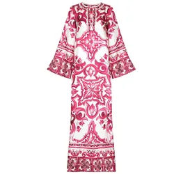 Luxury Boho Kaftan Dress for Women Summer 2025 – Printed Silk Maxi Robe/Oversized Beach Cover Up/ Red Holiday Long Dress