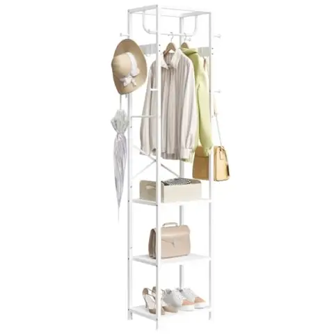 Freestanding Coat Rack with 3 Storage Shelves and 12 Hooks Industrial White Clothes Stand Organizer for Bedroom Hallway Entrywa