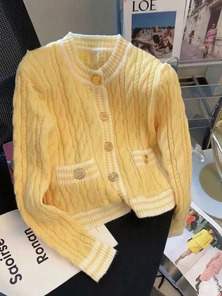 

New College Style Simple Round Neck Metal Button Knit Cardigan Soft Yellow Long Sleeve Sweater Coat With Pockets Womens Tops