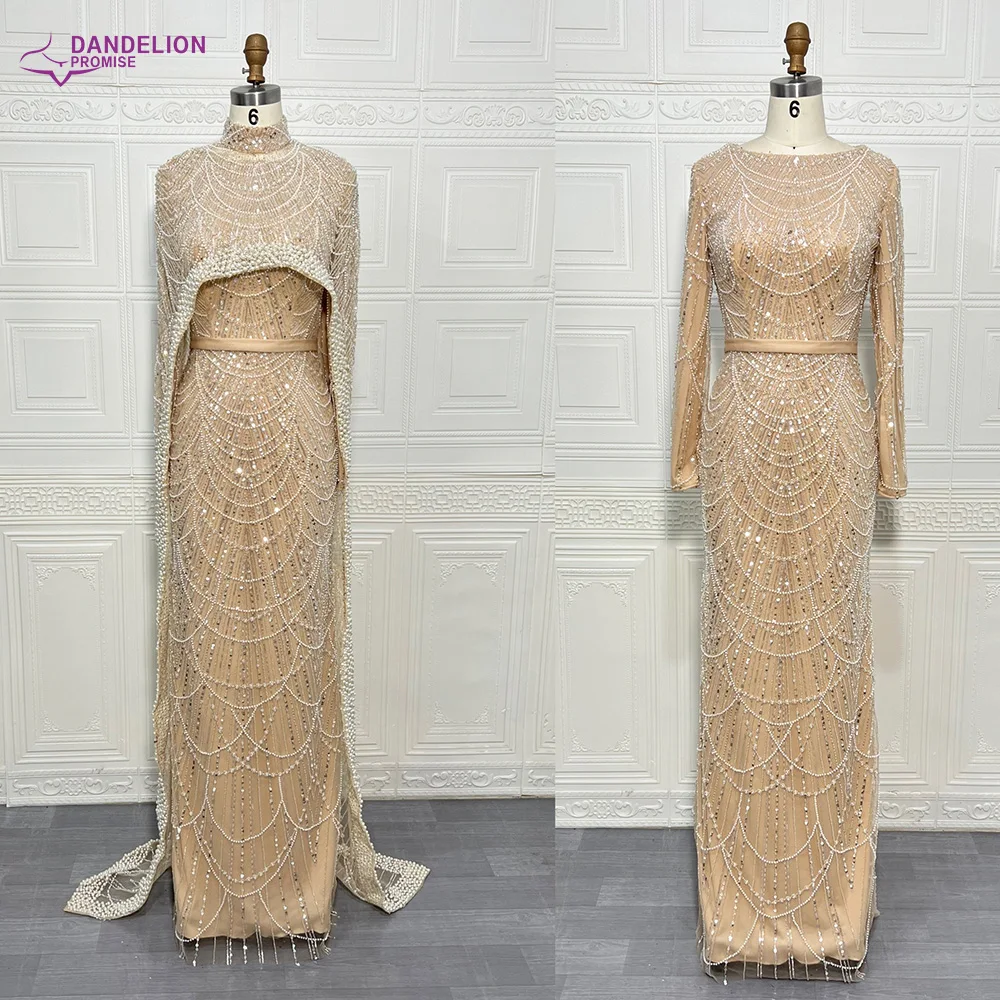 Luxury 2024 Muslim O-Neck Long Sleeves Mermaid Elegant Dubai Beaded Evening Dresses Formal Gowns With Cape For Women Party