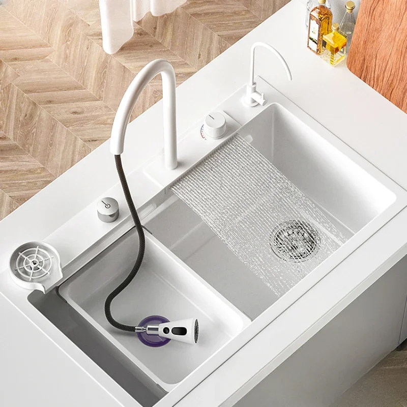 Feiyu Waterfall White Sink Large Single Trough Handmade Nano 304 Stainless Steel Vegetable Washing Basin