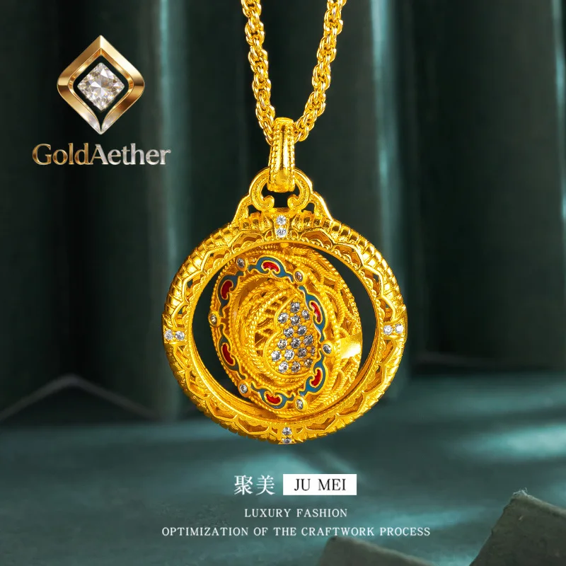 GoldNouveau Luxury 24K 9999 Pure Gold real gold Fu Sheng Lu rotating compass encrusted gourd enamel pendant women's necklace