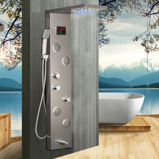 KEMAIDI Black Shower Column W/ Temperature Digital Display LED Shower Panel Body Massage Jets System Wall Mount Rainfall Shower