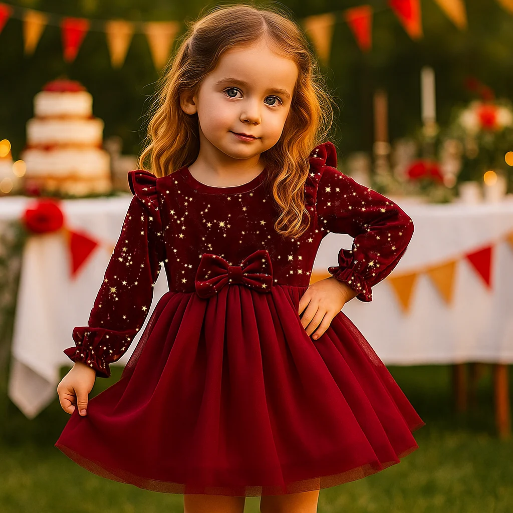 

Girl Dress Autumn Winter Velvet Long Sleeved Mesh Bow Princess Dress Children's New Year Children Party Festive Dress For Girl