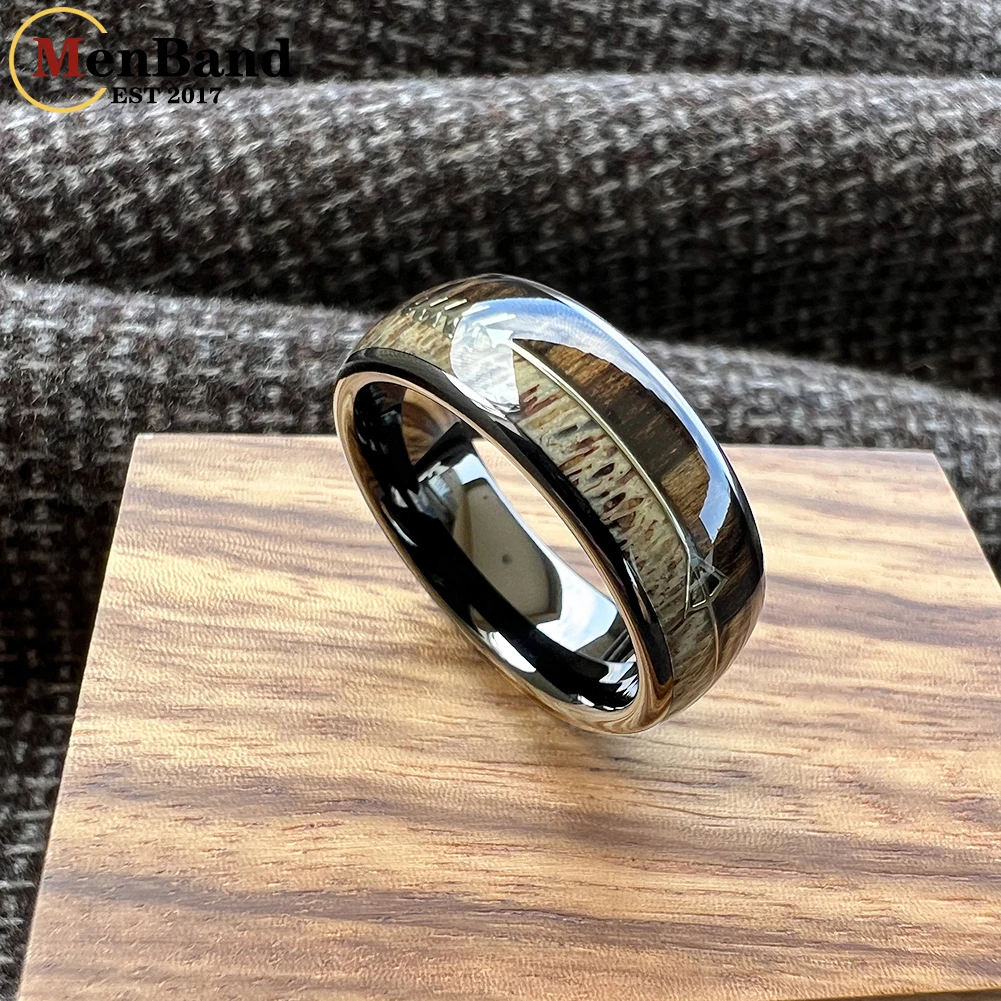 MenBand 6/8MM Koa Zebra Wood Antler Steel Arrows Inlay Tungsten Band Rings for Men Women Wedding Engagement Jewelry Comfort Fit view 6