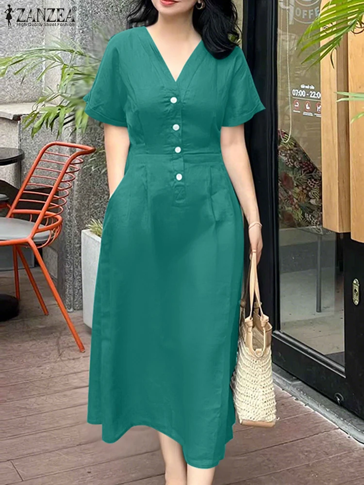 

ZANZEA V-Neck Elegant A-Line Midi Dresses Fitted Waist Streetwear Day Wear Short Sleeve Vestidos Woman Fashion Summer Robe Femme
