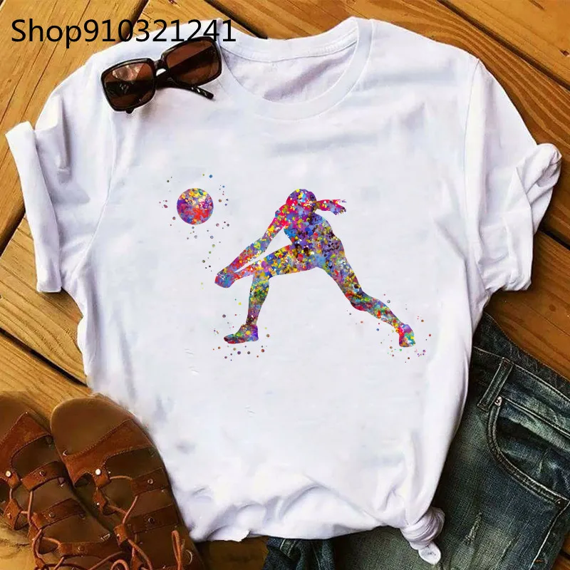 Aesthetic Art Volleyball Women T-Shirt Colorwater Printed Shirts Graphic Short Sleeve Tshirt Funny Casual Streetwear Tee Y2k Top