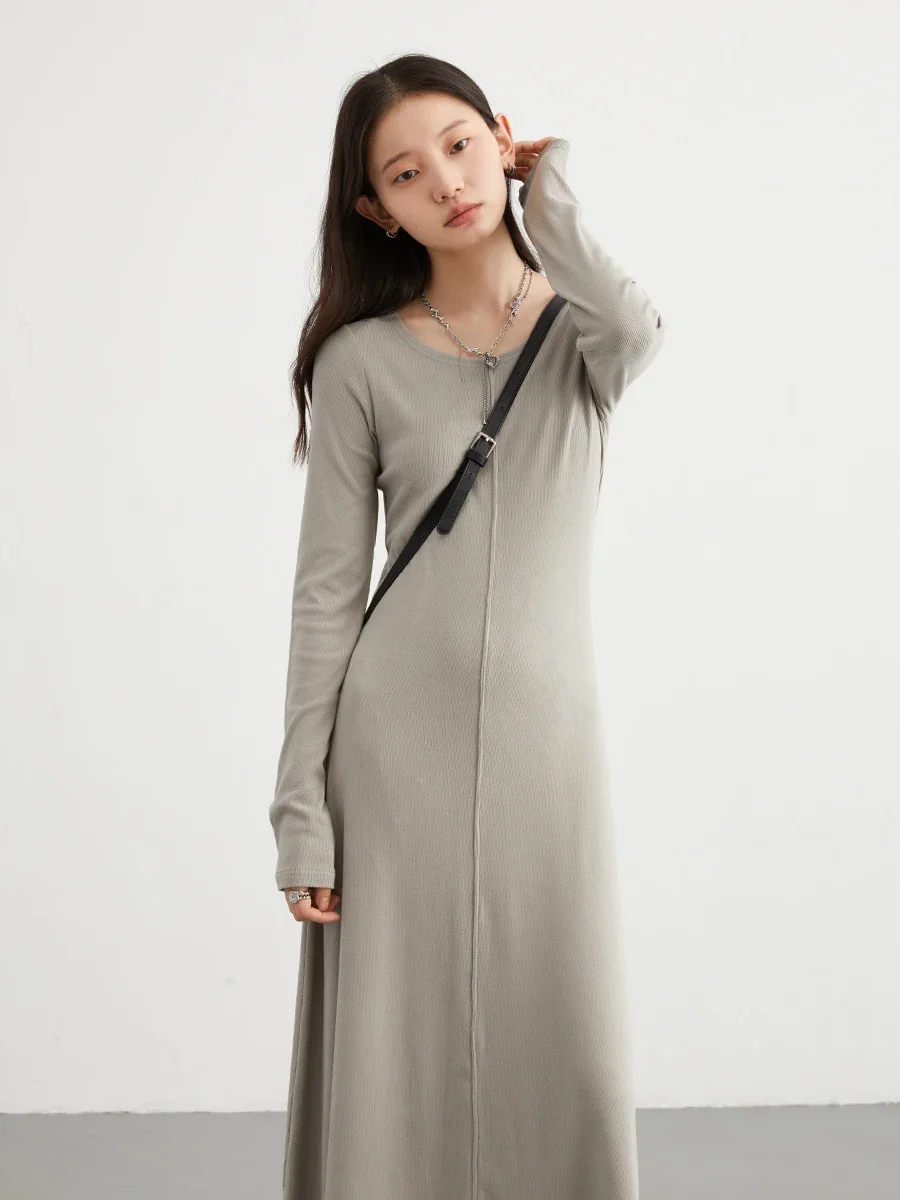 CHIC VEN Korean Women Dresses Solid Long Sleeve New Round Neck Long Dress A Line Bottom Skirt Autumn Spring 2023