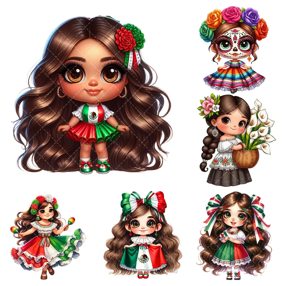 

Cute Little Girl Series Mexico Gril Heat Transfer Stickers Iron On Clothes Bags DTF Vinyl Thermal Appliques Washable DIY Patches