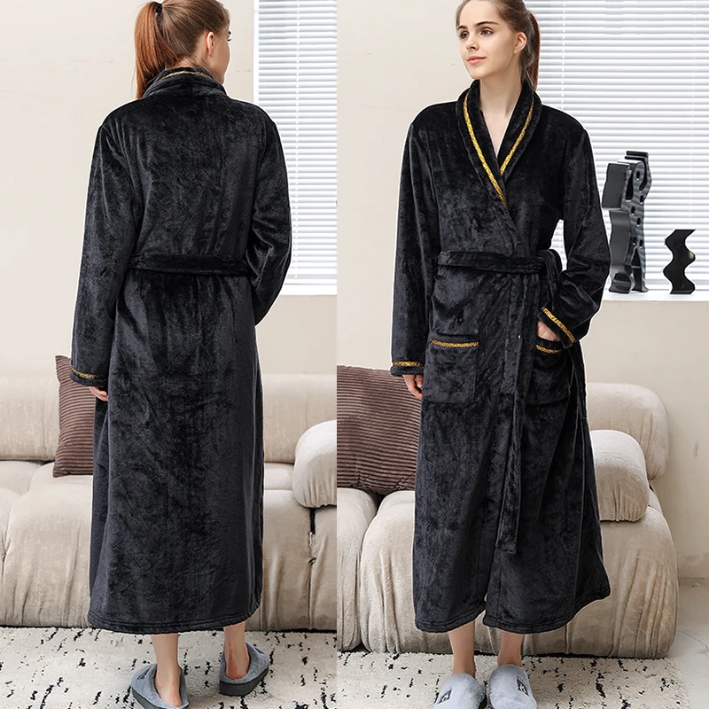 

Autumn Winter warm thick extended nightgown women's bath pajamas Flannel Women's bathrobe couple coral velvet homewear long