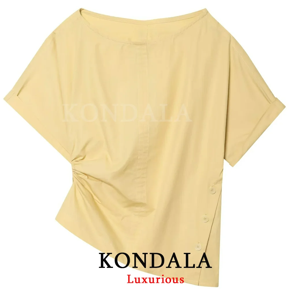 

KONDALA Streetwear Casual Women Butter Yellow Top Asymmetrical Pleated Short Sleeve O-Neck Pullover Top Fashion 2026 Summer Top
