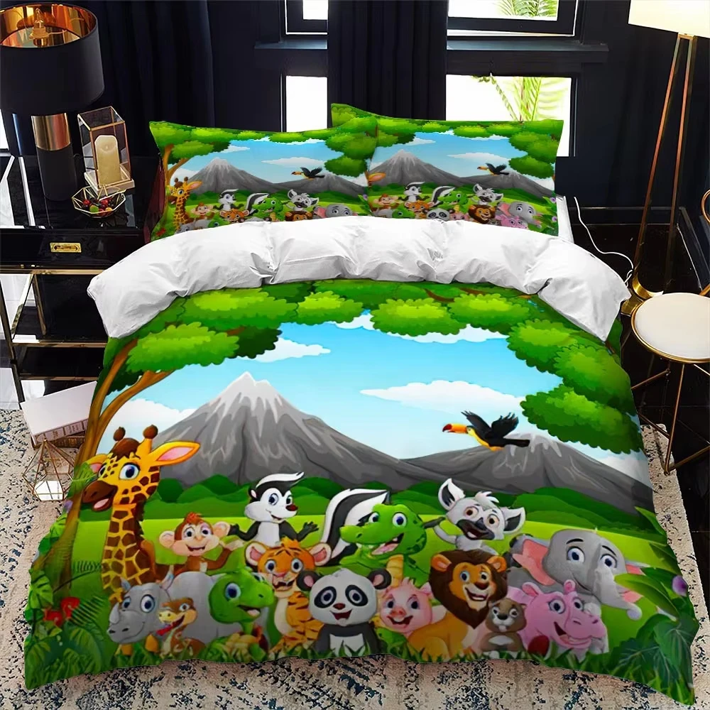 Funny Cartoon Duvet Cover Full King for Boys Girls Tree Leaf Zoo Animal Panda Giraffe Comforter Cover Jungle Animal Bedding Set