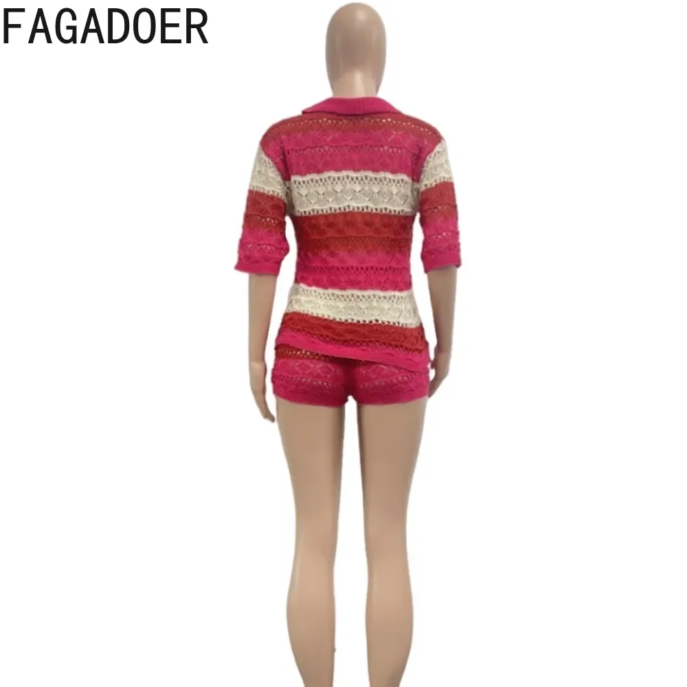 FAGADOER Rose Spring New Knitted Splicing Two Piece Sets Women V Neck Long Sleeve Top and Shorts Outfits Female 2pcs Clothing