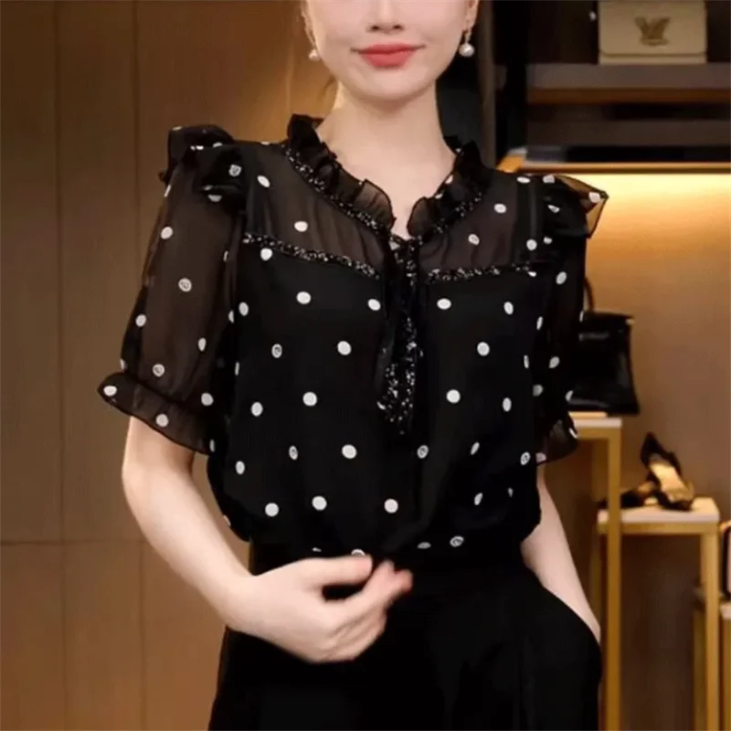 Fashionable Blouses Women Pullover Thin Shirt Short-sleeved Blouse Polka Dot Ruffled Splicing Blous Casual Female Shirt