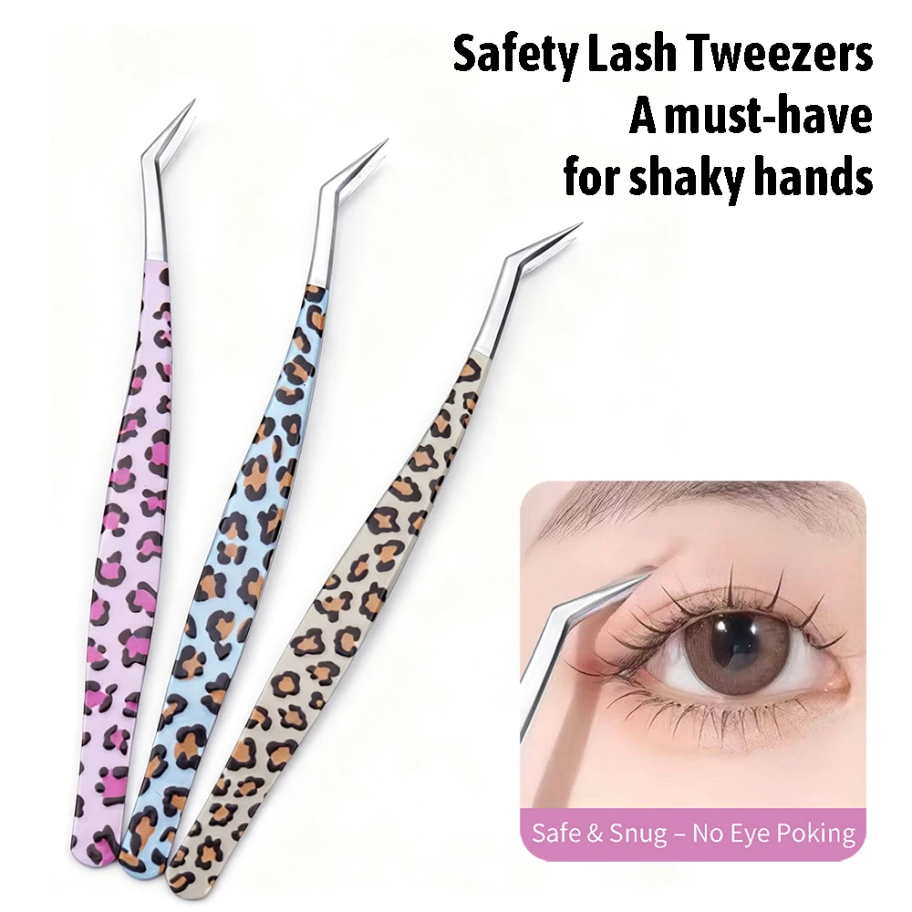 Stainless Steel Curved Stickers Tweezers Anti-static Leopard Print False Eyelash Tweezers High Precision