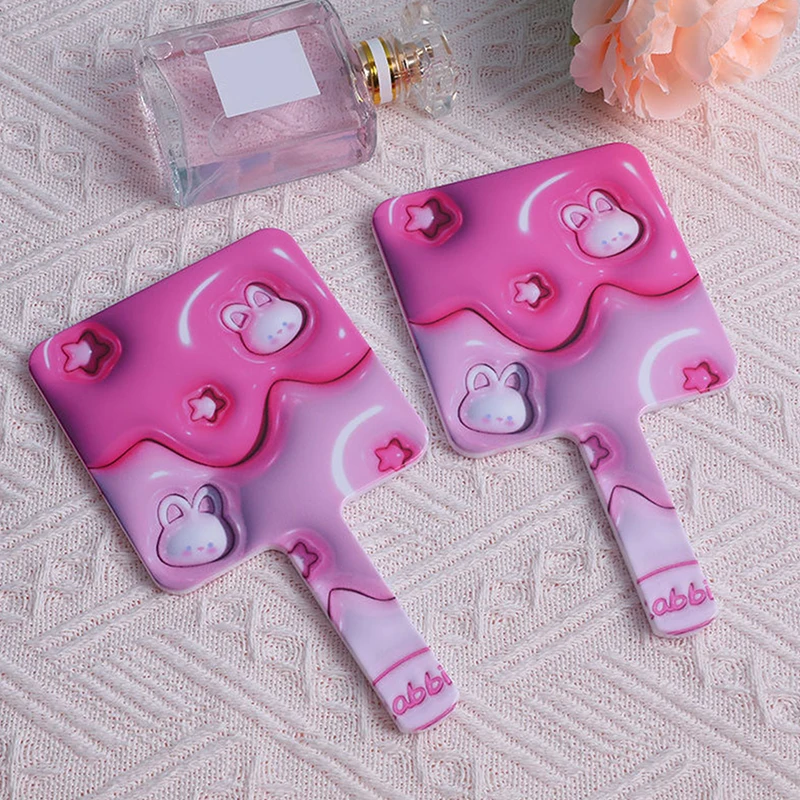 손잡이가 달린 귀여운 만화 토끼 사각형 메이크업 거울, 핸드헬드 메이크업 거울, 스파 살롱 컴팩트 거울, 화장품 거울