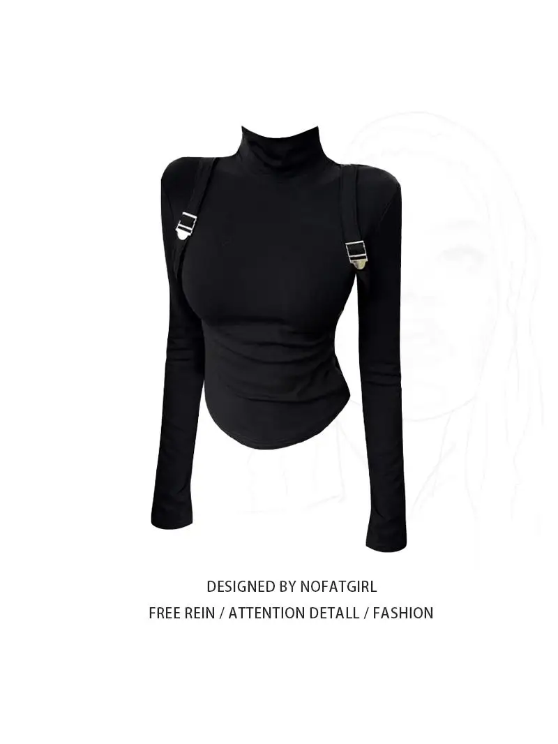 

Женская базовая кофта больших размеров с высоким воротником, облегающая, с длинным рукавом, в американском стиле, модная, осенне-зимняя, новая модель, с бретельками на плечах.