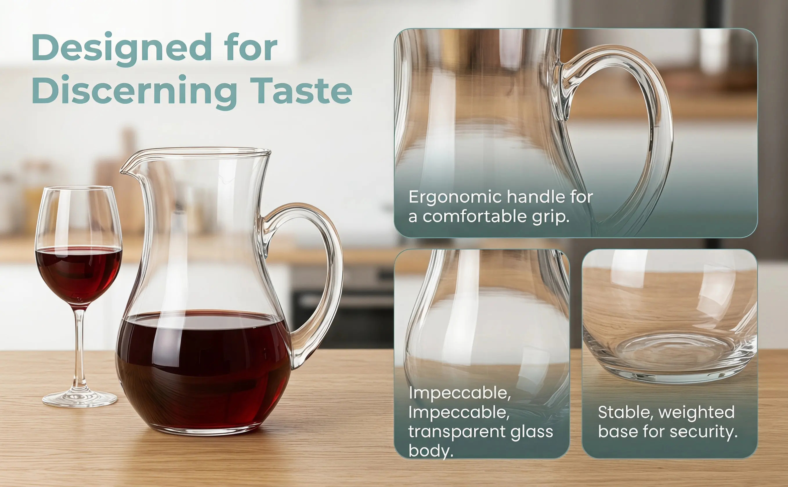 Premium Glass Decanter with Elegant Minimalist Design Fine Craftsmanship Transparent Body Improves Wine Aroma and