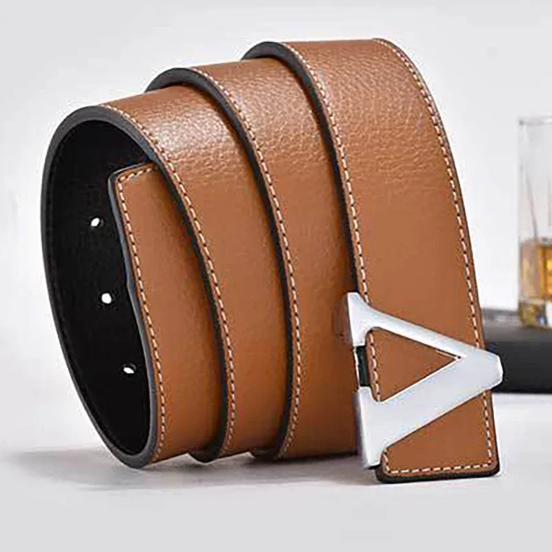 2024 Business Luxury Designer Brand V Buckle Belt Men High Quality Women Genuine Real Leather Dress Strap for Jeans Waistband