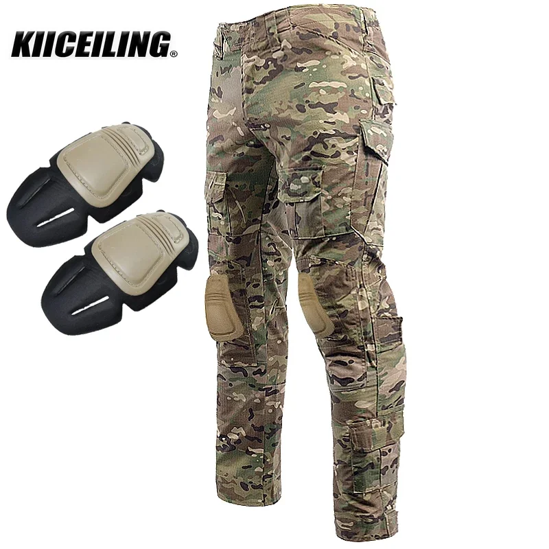 KIICEILING-G2 Hunting Pants with Knee Pads, Black Multicam Cargo Pants, Tactical Pants, Combat Pants, Camouflage Trousers