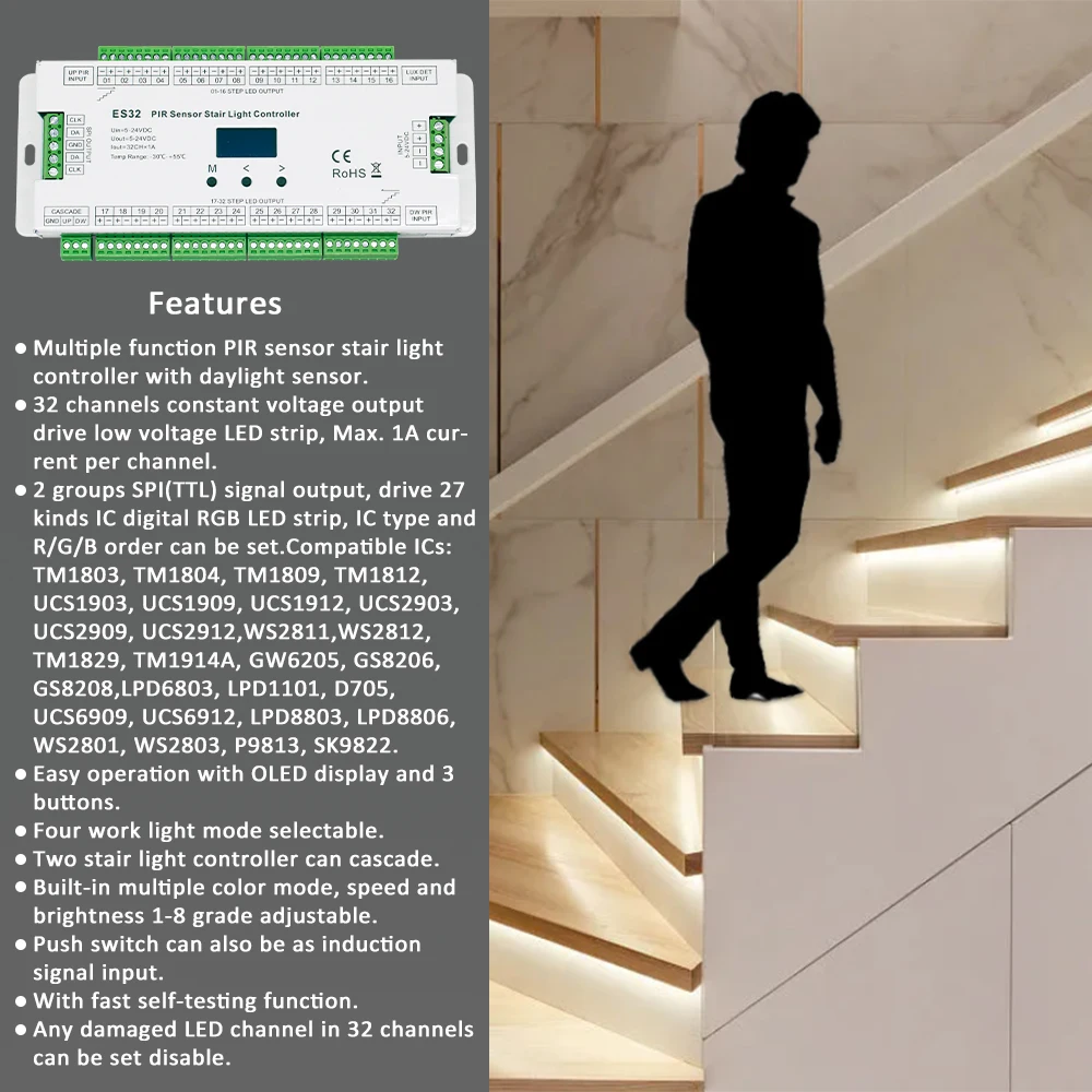 32CH ES32 PIR Controller per luci per gradini per scale 12V Sensore di movimento a LED Luce notturna Interruttore induttivo a infrarossi per scale Striscia flessibile