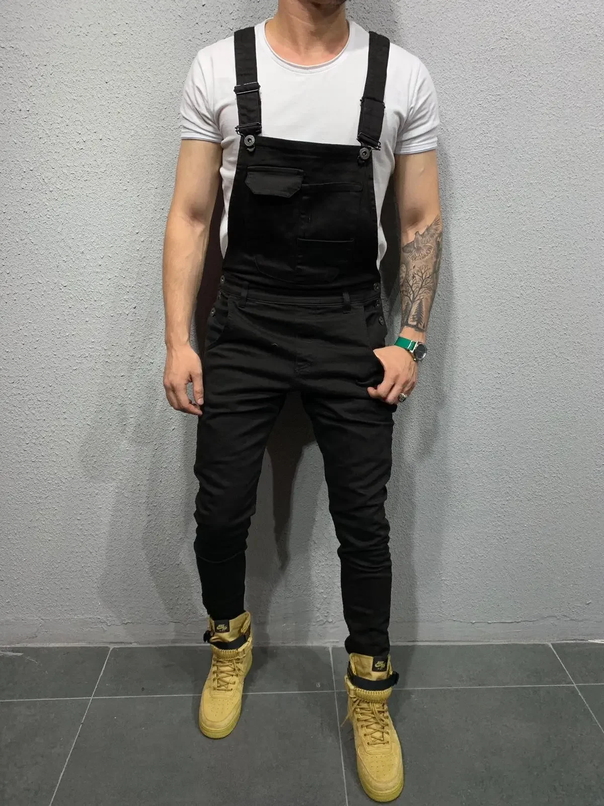 Men Denim Overalls Washed Pencil Ankle Length Trousers Slim Fit One Piece Jeans Pockets Casual Jumpsuit Vintage Suspenders