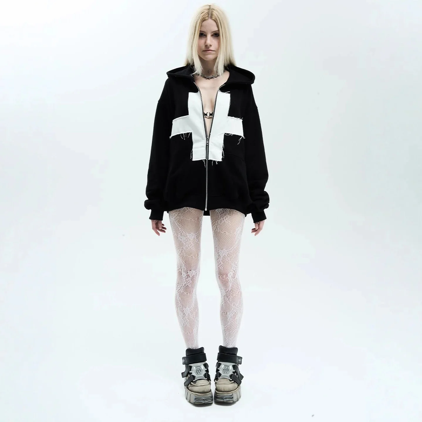 

Street Harajuku Gothic Vintage Zipper Hooded Sweatshirt Warm Large Size Cross-Shaped Y2K Flee Dark Top Clothing
