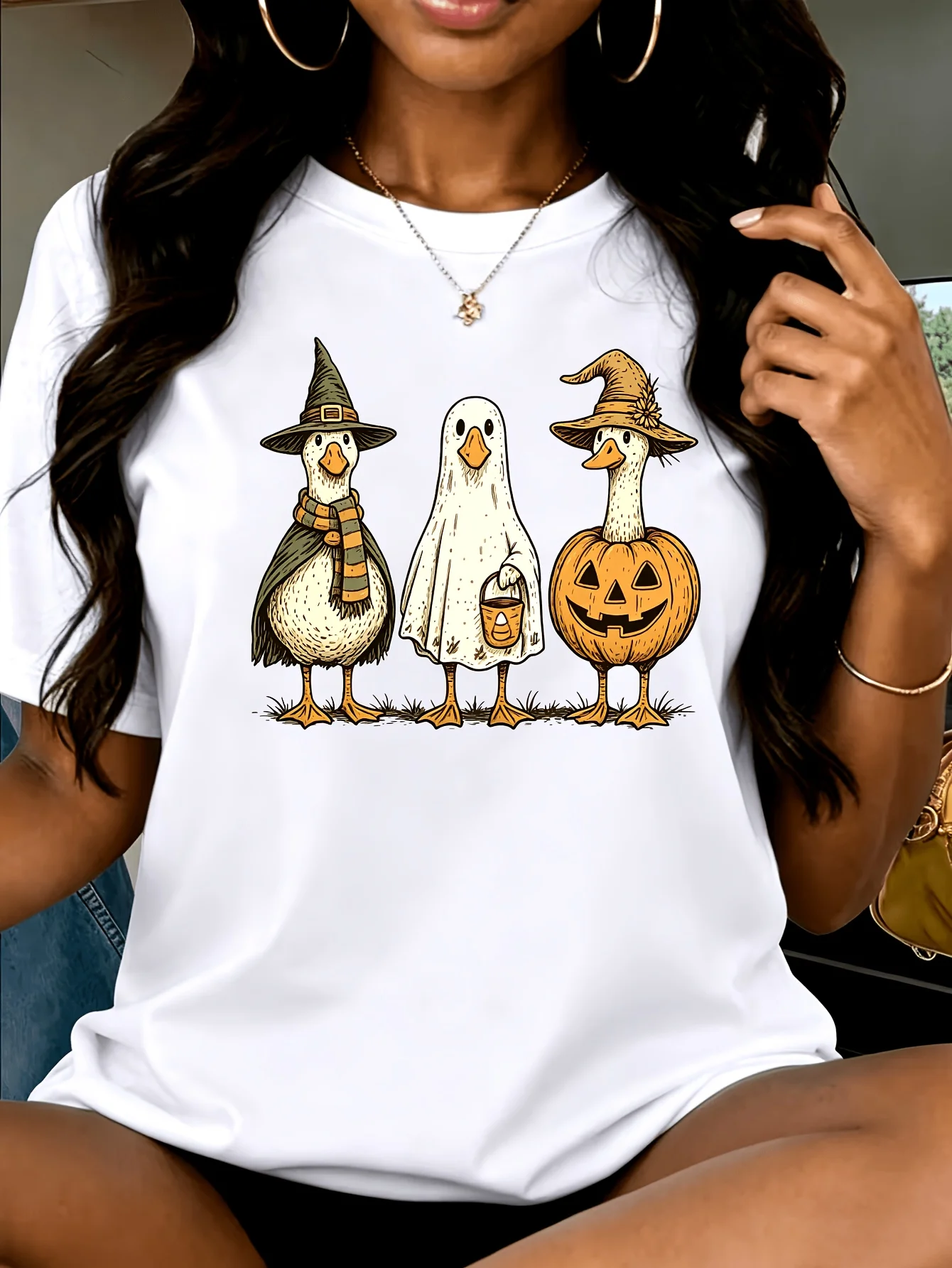 Women Crew Neck Tee Cute Halloween Ducks Witch Ghost Pumpkin Graphic Print Short Sleeve Loose Ladies Cotton Plus Size Casual Top