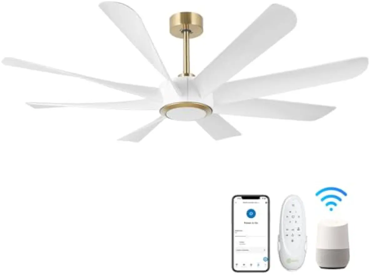 

60 Inch Modern White Gold Smart WiFi Alexa Compatible Indoor Ceiling Fan with Light Remote, High CFM Quiet DC Motor