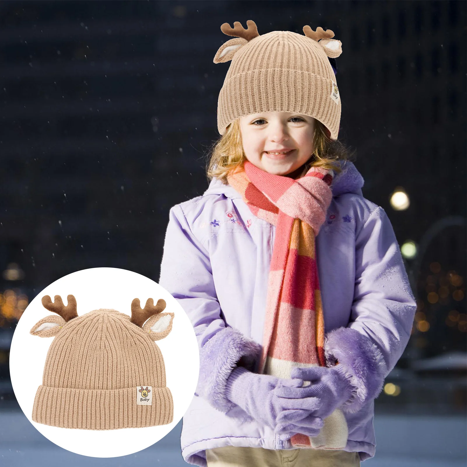 

Children Thickened Khaki Knit Antlers Warm Wool Baby Hat Suitable for 3-24 Months Kids Winter Warm Knit Hat Christmas Elk Design