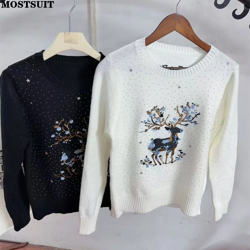 

Elk Embroidered Sweater Pullover Women 2026 Spring Autumn Rhinestones Korean Elegant Jumpers Full Sleeve O-neck Knitwear Tops