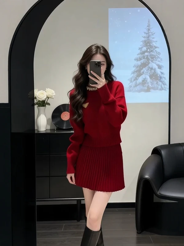 

Christmas New Year Red Knitted Set Women's Spring Atmosphere round Neck Overhead Sweater Skirt Two Piece Set Casual Style