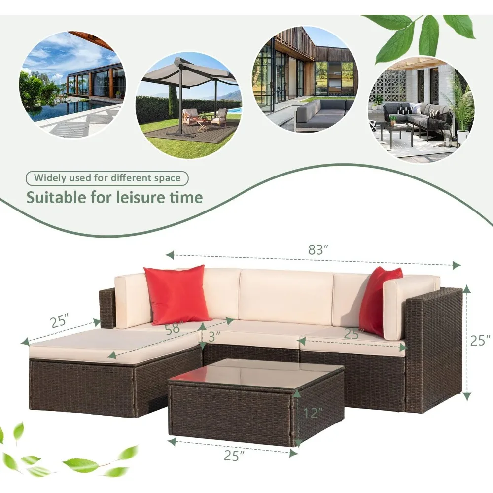 5 Pieces Patio Furniture Sets All Weather Outdoor Sectional Patio Sofa Manual Weaving Wicker Rattan Patio Seating Sofas